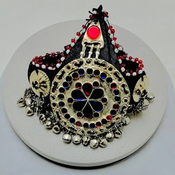 Silver Matha Patti, Traditional Matha Patti With Multicolor Glass Stone and Bell - Picture 11 of 14